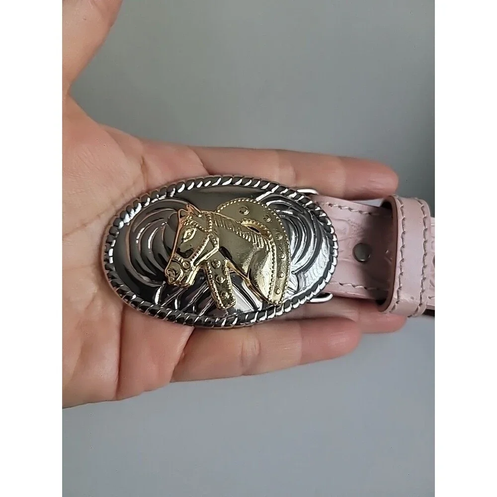 Pink Western-Style Leather Belt with Two-Tone Decorative Buckle